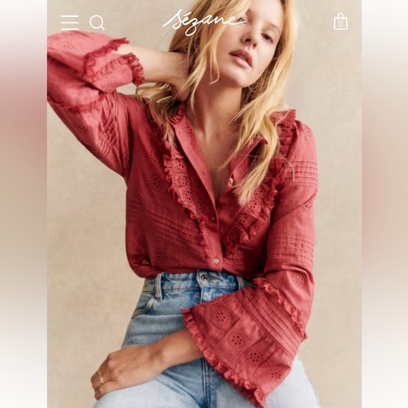 Sezane NELE SHIRT in Rosewood Women's Ruffled Lace Blouse - Picture 2 of 14